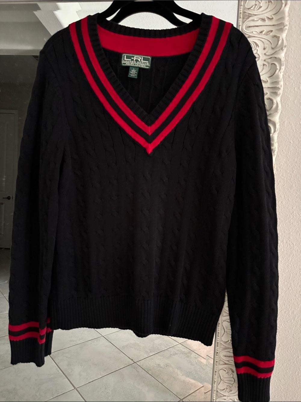 Lauren Ralph Lauren Active Black Cable Knit V-Neck Sweater with Red Trim